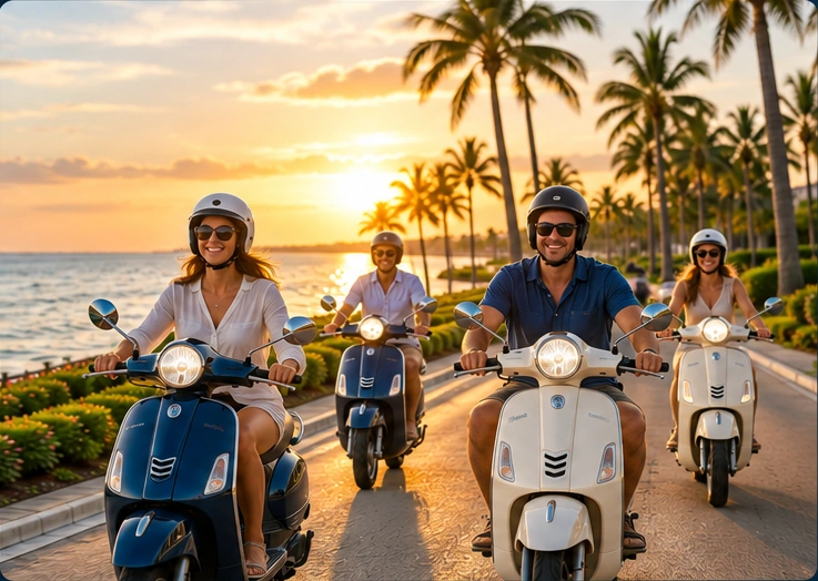 A small group riding scooters along a palm-lined coastal road at sunset